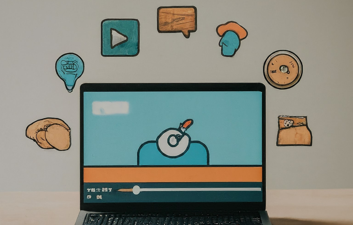 Animated explainer video playing on laptop screen with video production elements